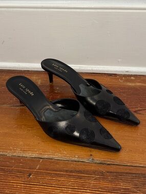 Kate Spade New York Black Leather Polka Dot Pointed Toe Kitten Heels Mules 8 B